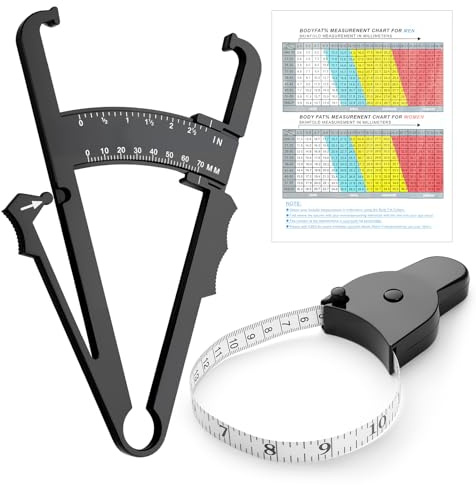 UIHRLM 2 PCS Body Fat Calipers, Skinfold Caliper and Body Measuring Tape with User Manual, Portable Accurate Black Fat Tape Measure Tool Set for Women & Men Weight Loss BMI Measurements (Black)