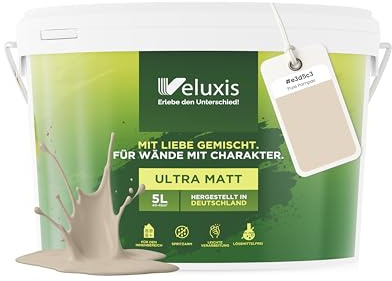 Veluxis Wandfarbe Beige Creme Hellgrau Matt Innenfarbe – Deckkraft Klasse 1, VOC-frei, Ohne Grundierung, Tropfarm – Wohnzimmer & Schlafzimmer – 5L (Pure Pampas)
