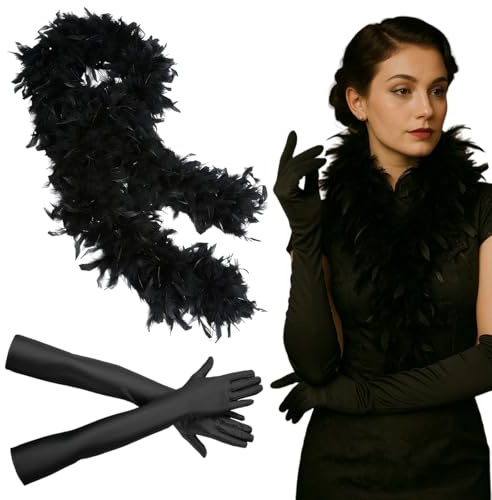 XPEX 1 PCS Écharpe en plumes noires avec 1 paire de gants noirs en élasthanne de 53 cm,Convient aux femmes,deguisement bresil femme,Parfait pour les enterrements de vie de jeune fille