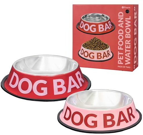 Fisura – Set 2 ciotole per cani in acciaio inox “Dog Bar”. Ciotola antiscivolo rosa e rossa per cibo 500 ml e acqua 1000 ml. Ciotole per animali domestici pratiche, resistenti e decorative