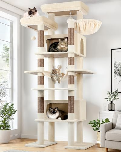 Globlazer klösträd beige stor XXL 213 cm högt med 2 stora katthus 50 x 30 cm, 2 vadderade plattformar, hängmatta, mjuk korg, lyx kattträd, stabilt för katter att vila, leka (F83B, beige)