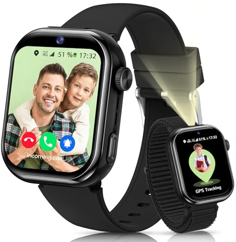 4G Reloj Inteligente Niño, 1.83'' HD Smartwatch Niños con GPS y Llamadas, Videollamadas, Chat de Voz, Modo Escuela, Doble Cámara, Monitor de Sueño, Podómetro, Despertador IP68 para Niñas Niños Negro