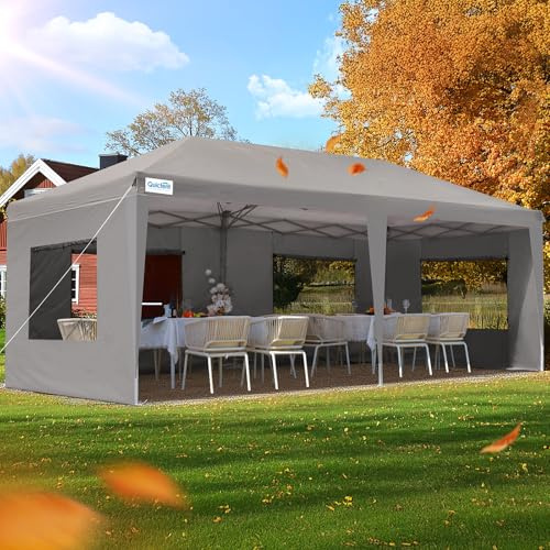 Quictent Carpa Plegable 3x6m con Paredes Laterales con Ventanas de Malla, Refugio para Eventos de Altura Ajustable, Tienda Portátil para Fiestas de Jardín y Camping, Gray