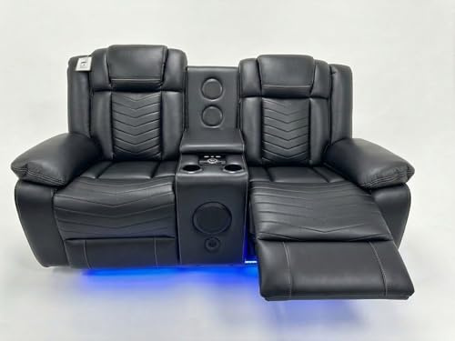 Michigan Leather Electric Recliner Sofa Set With Cupholders - Tech Air Leather - Bluetooth Speakers -Wireless Charging - USB Ports - LED Lights - Cupholders & Storage (Black, 2 Seater) | Tech Air Leather
