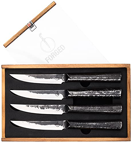 Forged Brute Steakkniv, 4 delar, handgjord, i trälåda