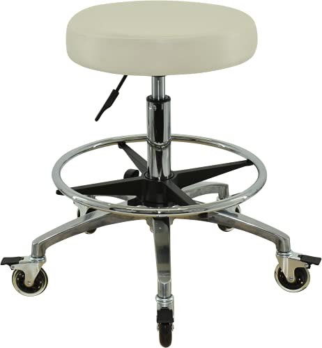 VAKON SALON - Rollhocker weiß mit Fußring und Rollen mit Bremse - Höhenverstellbarer Drehhocker 55-75 cm - Rundhocker Praxishocker Bürohocker