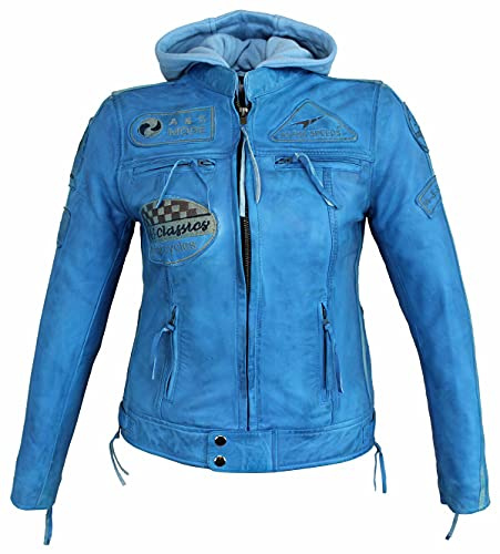 Damen Motorradjacke, Biker Lederjacke, Damen Biker Lederjacke mit Kapuze und Protektoren, Damen Motorradjacke, Damen Bikerjacke, Damen Lederjacke, Damen Jacke (Blau, XL)