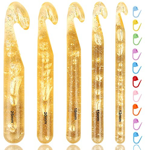 Coopay Große Häkelnadel für Chunky Wolle, 25 mm, 20 mm, 18 mm, 15 mm, 12 mm, Jumbo Häkelnadel Set zum Häkeln Dicker Decken und Großer Projekte, 5 Häkelnadeln für Dickes Garn mit 10 Maschenmarkierer