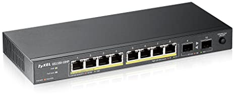Zyxel 10 Port Nätverk Ethernet Switch | Unmanaged GbE PoE+ | GS1100-10HP | 8x GbE PoE+ med 130W Budget + 2x SFP Portar, Fläktlös, Väggmonteringssats Ingår, Plug och Play Enkel Installation