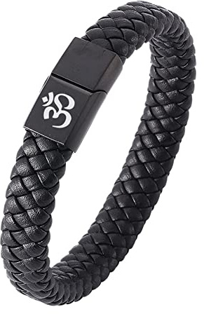 KBNSUIAN Yoga OM Bracciale da uomo donna in pelle intrecciata nera Yogi Fitness tibetana Om bracciale con chiusura magnetica, preghiera buddista OM meditazione gioielli, 18,5 cm, Pelle pelle Magnete