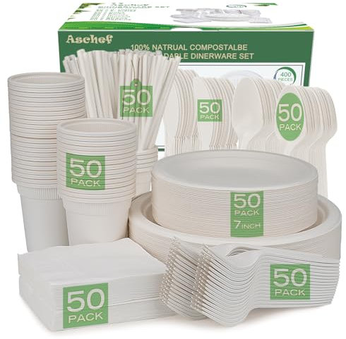 Aschef 400Pcs Assiettes jetable Pas Cher Blanche en Bagasse Bio Vaisselle Tasse Paille Serviette + Fourchette Couteau Cuillère Réutilisable pour Fête de Mariage Soirée Party Camping 50 Invités