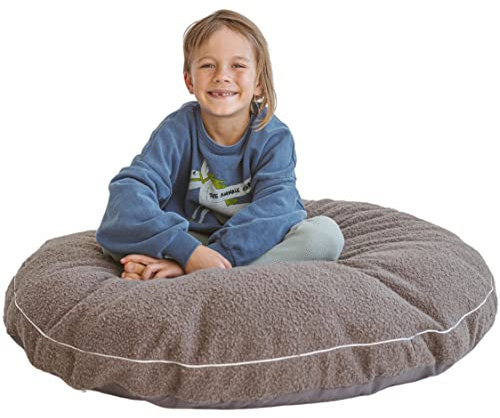 MINICAMP Große Bodenkissen für Kinder - Ultra-Flauschiger & waschbarer Kinder-Sitzsack mit Füllung und Bouclé-Sherpa-Bezug - 100 cm breit - Lounger und Lesekissen für Kleinkinder & Jugendliche (Grau)