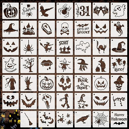 OOTSR 48Pz Stencil per Pittura di Halloween Piccoli Riutilizzabile, 7.6cm Modello di Disegno Decorativi per Ornamenti Legno Tessuto Scrapbooking, Stencil Halloween Decorazione DIY