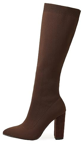 WOkismD Bottes hautes tricotées extensibles pour femmes, bout pointu, bottes longues à talon épais, bottes mi-mollet, robe élastique, chaussures d'automne et d'hiver,Marron,38