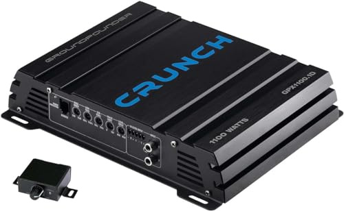 Crunch GPX1100.1D Amplificateur monobloc classe D avec puissance maximale de 1100 W, amplification des basses, filtre passe-bas et subsonique, RCA & entrée haut niveau, télécommande de niveau de