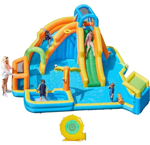 Yaheetech Inflatable Water Slide w/ 2 Long Slides & Large Climbing Wall & Small Deeper Pool & Awning, 11-in-1 Outdoor Blow Up Water Slide w/Storage Bag & 950W Blower