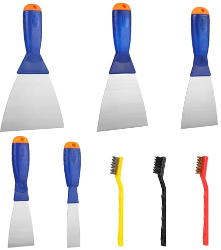 MirraSwit 8 Pièces Couteau à Enduire, Lissage Spatule Enduit, Acier au Carbone Spatule Peinture, Spatule Mastic avec 3 Brosse Métallique pour Papier Peint et Murs (1,2,3,4,5in)