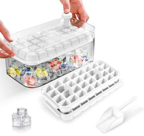 Stampo Cubetti Ghiaccio,Formine Ghiaccio,Stampo Ghiaccio con Coperchio e Contenitore,Rilascia Tutti i Cubetti Ghiaccio in un Secondo, senza BPA, 64 Stampi Ghiaccio(bianco)