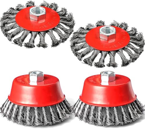 Wire Wheel Cup Brush Set for Grinder, 4 Pack Wire Wheels for 4 1/2 Angle Grinder M14 Threaded Arbor-Coarse Crimped Twisted Knotted Cup Brush for Heavy Cleaning Rust Stripping