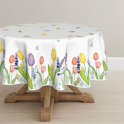 Artoid Mode Tulipe Lavanda Fiori Farfalla Primavera Tovaglia Rotonda 120 cm, Stagionale Estate Protezione Macchie Biancheria da Tavola Cucina Decorazione Festa Decor
