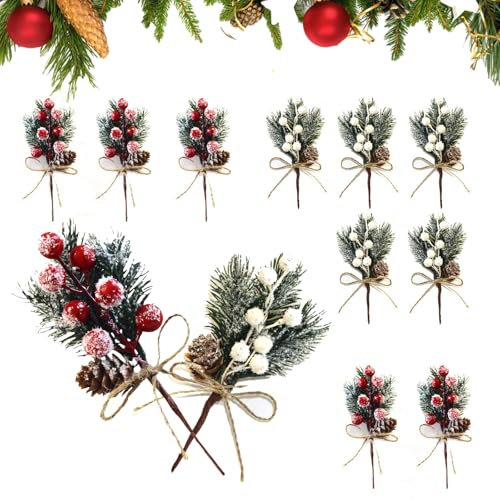12 Pezzi Ramo di Pino Artificiale per Natale Rami Pino Natale Agrifoglio Artificiali Bacche di Pino Ramoscelli di Pino Christmas Berries Piccole Pigne Artificiali per Decorazioni Ghirlanda Natalizie