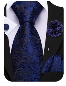 Barry.Wang Navy Tie 63 Paisley Silk Ties Set Pocket Square Cufflinks and Lapel Pin Extra Long Necktie Wedding Party