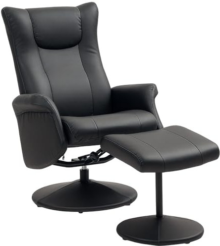 HOMCOM Relaxsessel mit Hocker 360°Drehbarer Fernsehsessel mit Liegefunktion Ruhesessel mit Verstellbar Rückenlehne TV-Sessel bis 150 kg belastbar für Wohnzimmer Kunstleder, Schwarz