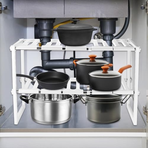 QWORK® Estantería almacenaje debajo fregadero 2 niveles, estante de especias ajustable blanco, para cocina y baño