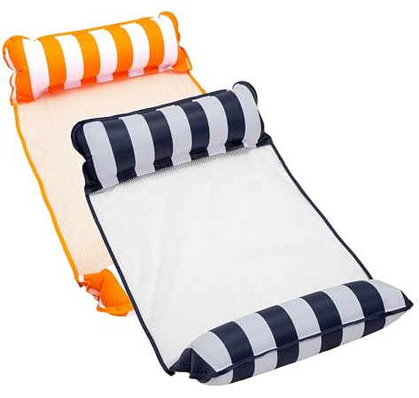 Aqua Original 4-in-1 Monterey Hammock Pool Float & Water Hammock – Multi-Purpose, Inflatable Pool Floats for Adults – Patented Thick, Non-Stick PVC Material – One Navy Blue & One Orange, 2-Pack