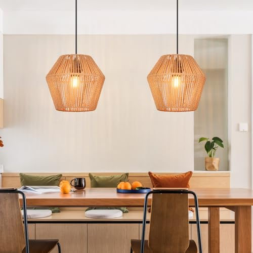 GBLY 2× Hängelampe Vintage Rattan Pendelleuchte: Boho Esszimmerlampe 150 cm E27 Hängeleuchte Rustikal Esstischlampe Hängend Max.40W Korblampe für Wohnzimmer Schlafzimmer Küche ohne Leuchtmittel