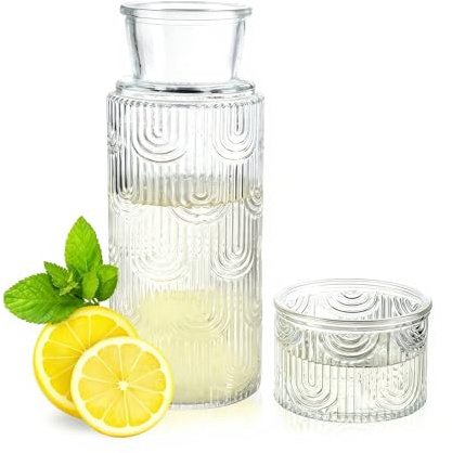 Set di Caraffa in Vetro Per Comodino, Con Tazza, Caraffa d'Acqua da Notte, con Bicchiere di Vetro,630Ml, per Comodino, Camera da Letto, Bagno (Clear)