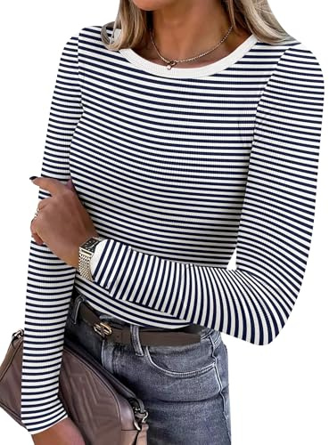 ANRABESS Women Long Sleeve Shirts Ribbed Fitted Tops,Navy Blue White,S