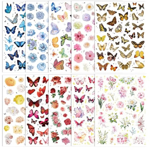 Pack de 10 Pegatinas de Mariposas y Flores, Diseño Decoración Primavera Multicolor, Stickers Decorativas, Álbum de Recortes Diario Creativo, Pegatinas Para Álbum Fotos DIY