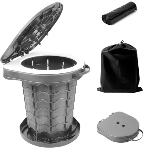 Toilette Portable Camping Pliable pour Adultes, WC Pliante Ronde de Voyage avec Couvercle, Toilette Sèche, Seau Hygiénique pour Voiture et Camping-Car, avec Sac de Rangement et Sacs Poubelle – Gris