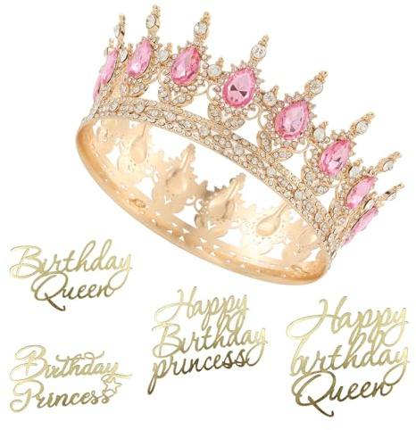 OMJMYY Corona Regina Coroncina Principessa Corona di Compleanno Bellissimo Tiara Principessa Diadema Rotondo con 4 Decorazioni per Torte per Feste Compleanno Matrimoni Ballo(Rosa)