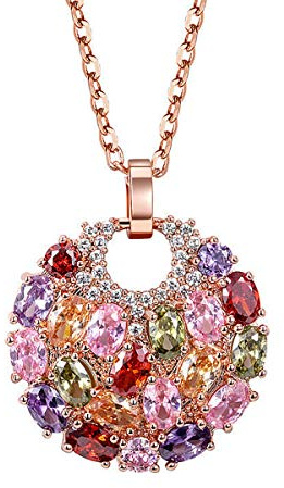 Created Crystal Colorized Cubic Zirconia Laminated Flower Pendant Silver Necklace for Women | Multi-Colored Long Locket Necklace | Jewelry With Extender