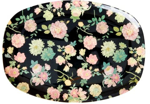 rechteckig Melamin Platte - Schwarz - Dark Rose Print