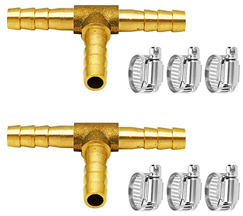 Da by 2 pcs 1/4(6mm) Brass Tee Barb Fittings for 1/4 ID Hose,6 pcs Stainless Steel Pipe Clamps,3 Way Union Intersection for Water/Fuel/Air(T)
