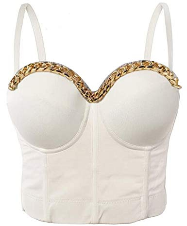 Woboren Punk Goth Push Up Bra Top Clubwear Party Kedja korsett Bustier Crop Top, Vit, M