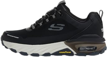 Skechers Max Protect Liberated Baskets à Lacets Oxford pour Homme, Maille synthétique Noire avec Bordure Grise, 43 EU