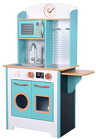 Teamson Kids Little Chef Kleines Retro Holzspielküchenspielzeug Rollenspielset mit interaktiven Funktionen und 7 Rollenspielzubehör Blau/Weiß TD-13629A