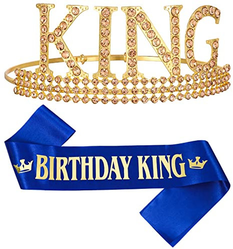 Popuppe 2 Pcs Birthday King Crown Boy Sash Set,Adjustable Birthday Party Supplies for Boys and Teens