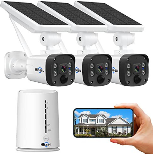 Hiseeu Kit de Cámara Vigilancia WiFi Exterior Solar con Batería Recargable, 3 Cámaras Kit de Seguridad con Estación de Base, Sistema de Vigilancia Visión Nocturna, IP66, Compatible con Alexa