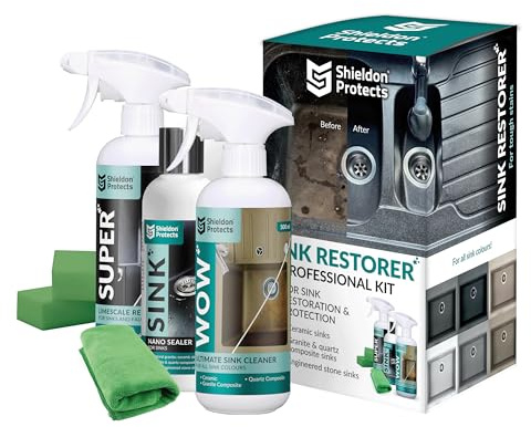 Shieldon Protects Cleaning and Restorer Set for Granite Composite Sink - Limescale remover + Stain Cleaner + Sealer - Kitchen Sink Cleaner Set with 2 Sponges and Cloth