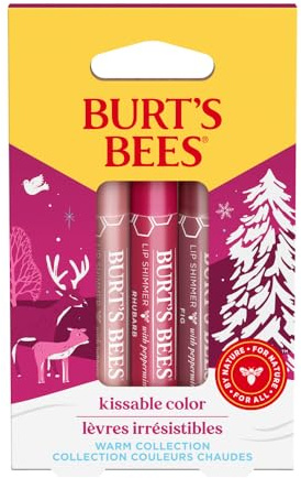 Burt's Bees Gift Set, 3 Lip Shimmers in Peony, Rhubarb and Fig Shades, Kissable Colour, 3x2.6g