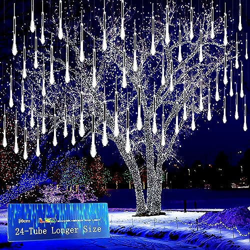 Kwaiffeo Christmas Lights Outdoor, 24 Tubes(Equivalent to 3 Sets of 8-Tubes) Meteor Shower Light Snow Falling Icicle Lights for Xmas Tree Halloween Decoration Wedding Party Window, UL Plug, White