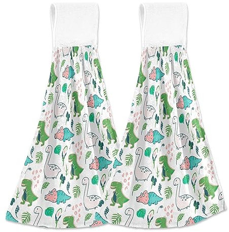 Süße Dino Handtücher mit Schlaufen 2er Set Waschlappen mit Aufhängeschlaufe Handtücher für Küche