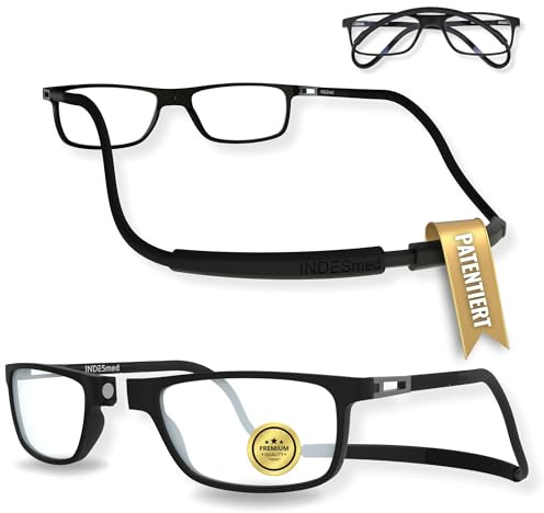 INDESMED Lunettes de Lecture Magnétiques Filtre Lumière Bleue, Design Moderne et Léger – Cordon Réglable pour Hommes et Femmes – Élégance et Confort (Noir, 2.5, Dioptres)