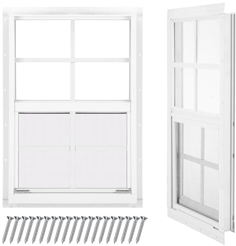 Tandefio 2 Pcs 14''x21'' White Shed Window Pack Transom Windows for Chicken Coop with Tempered Glass and Screen Household Windows with Vertical Slider and Screws for Mobile Home Sheds Barns
