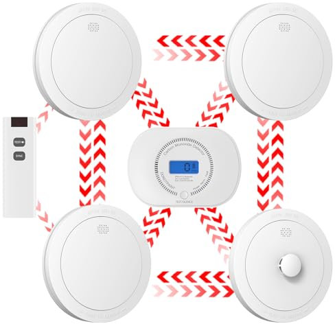 CPVAN Wireless Interlinked Smoke, Heat & Carbon Monoxide Alarm Bundle, Scotland & England Law Compliant | 10-year Battery Life, Pre-Linked Fire Detectors for home,5 Pack + 1 Remote（2nd Generation）